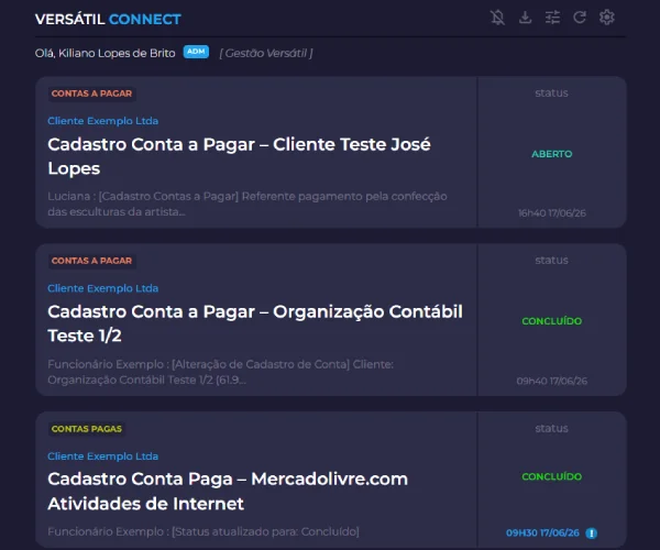 Interface do aplicativo Versátil Connect