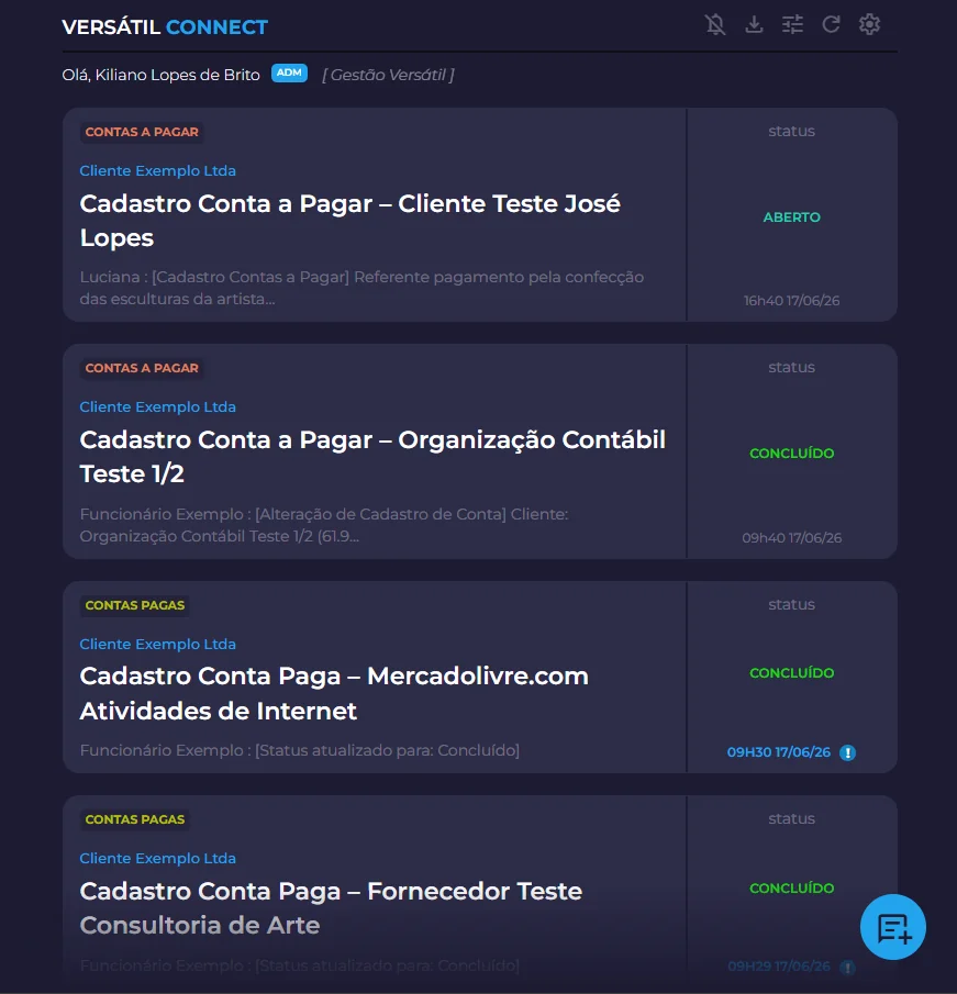 Tela do aplicativo Versátil Connect